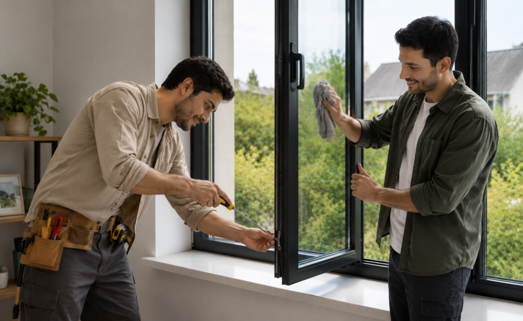 Technician performing UPVC door and window maintenance