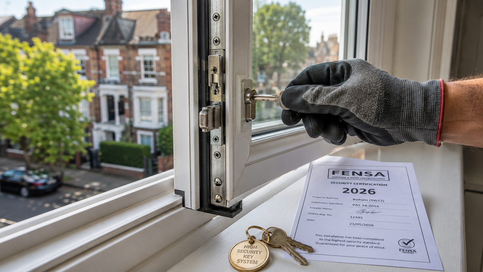 High security multi point lock inspection on double glazed uPVC window installed by Balham Glazing Services in a Balham SW12 home