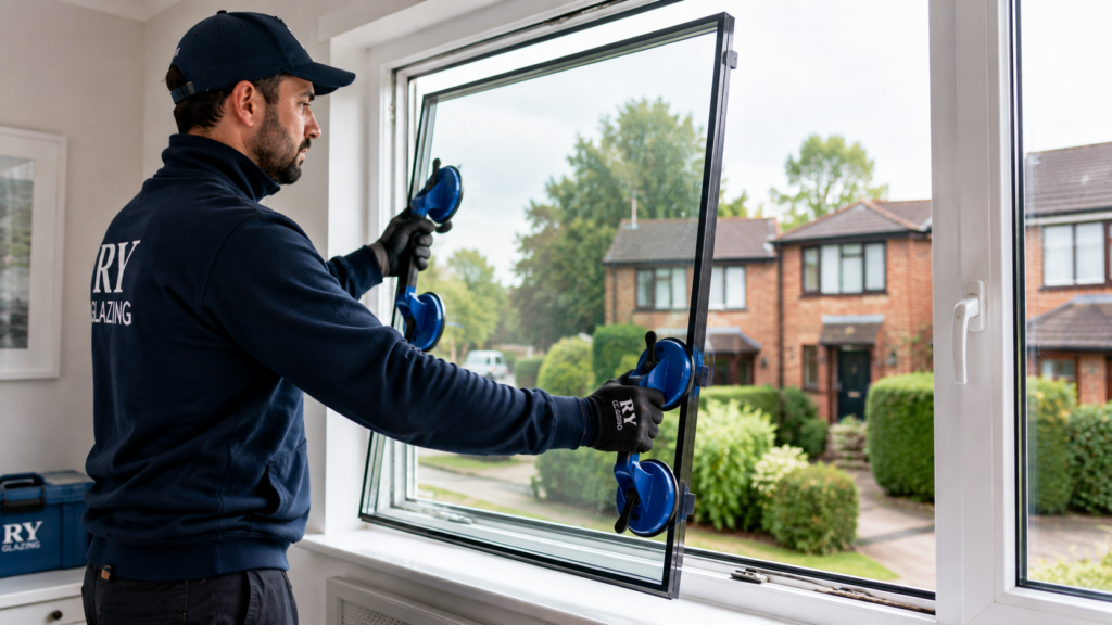 Professional glazier using suction cups to replace a double glazed glass pane in a window frame