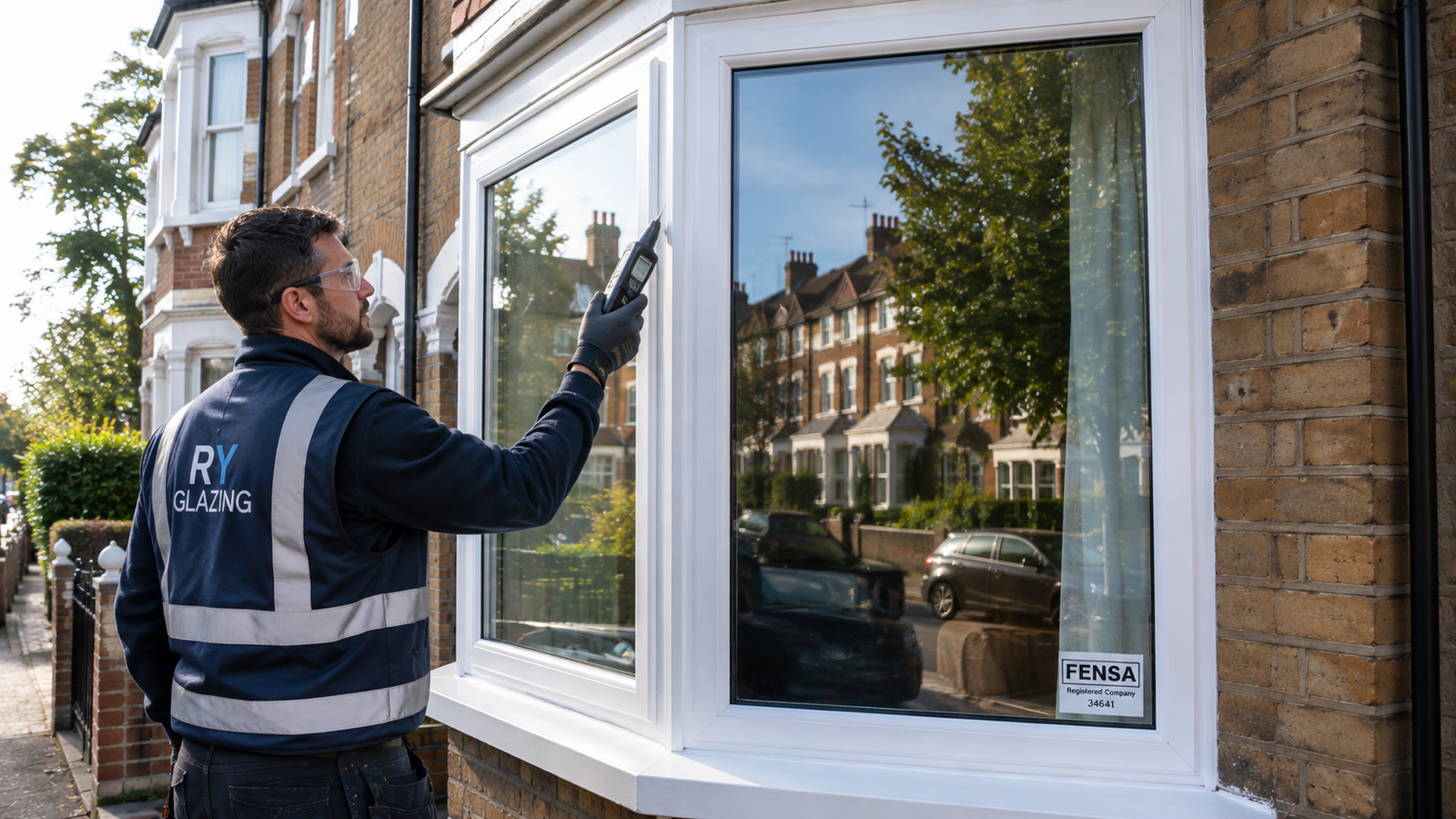 RY Glazing technician performing a quality inspection on a newly installed uPVC bay window on an Earlsfield SW18 property