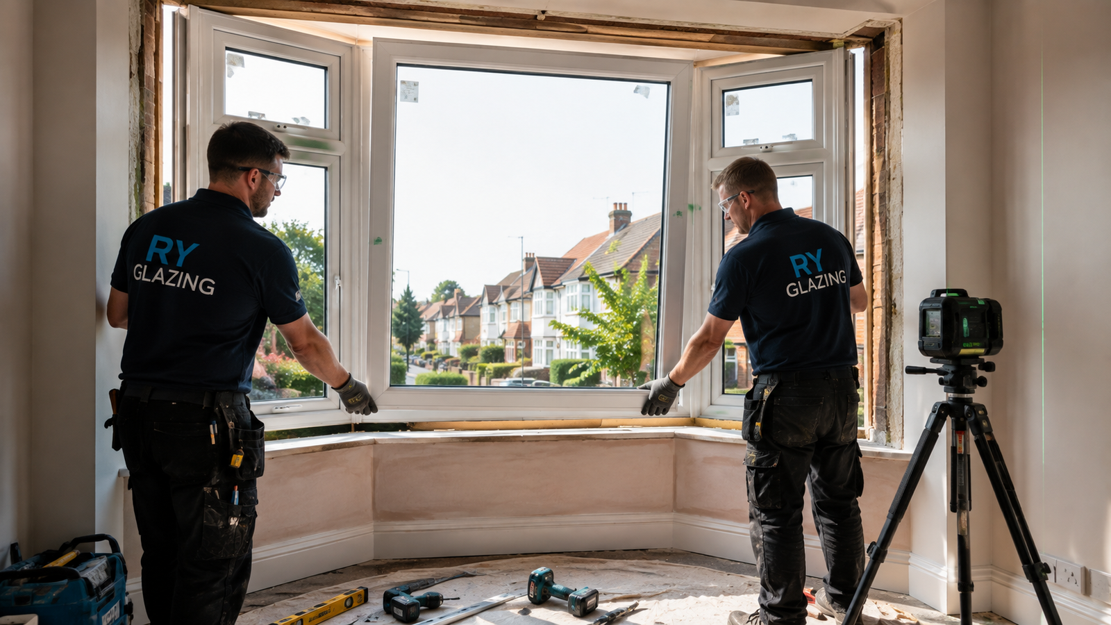 RY Glazing professional technicians actively installing a new double glazed uPVC bay window in a Morden SM4 property.