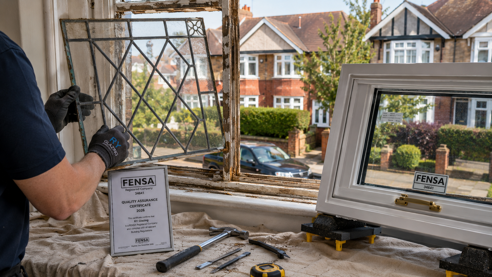 RY Glazing technician performing a precise retrofit by replacing an original timber window pane with modern uPVC double glazing in a Morden property.