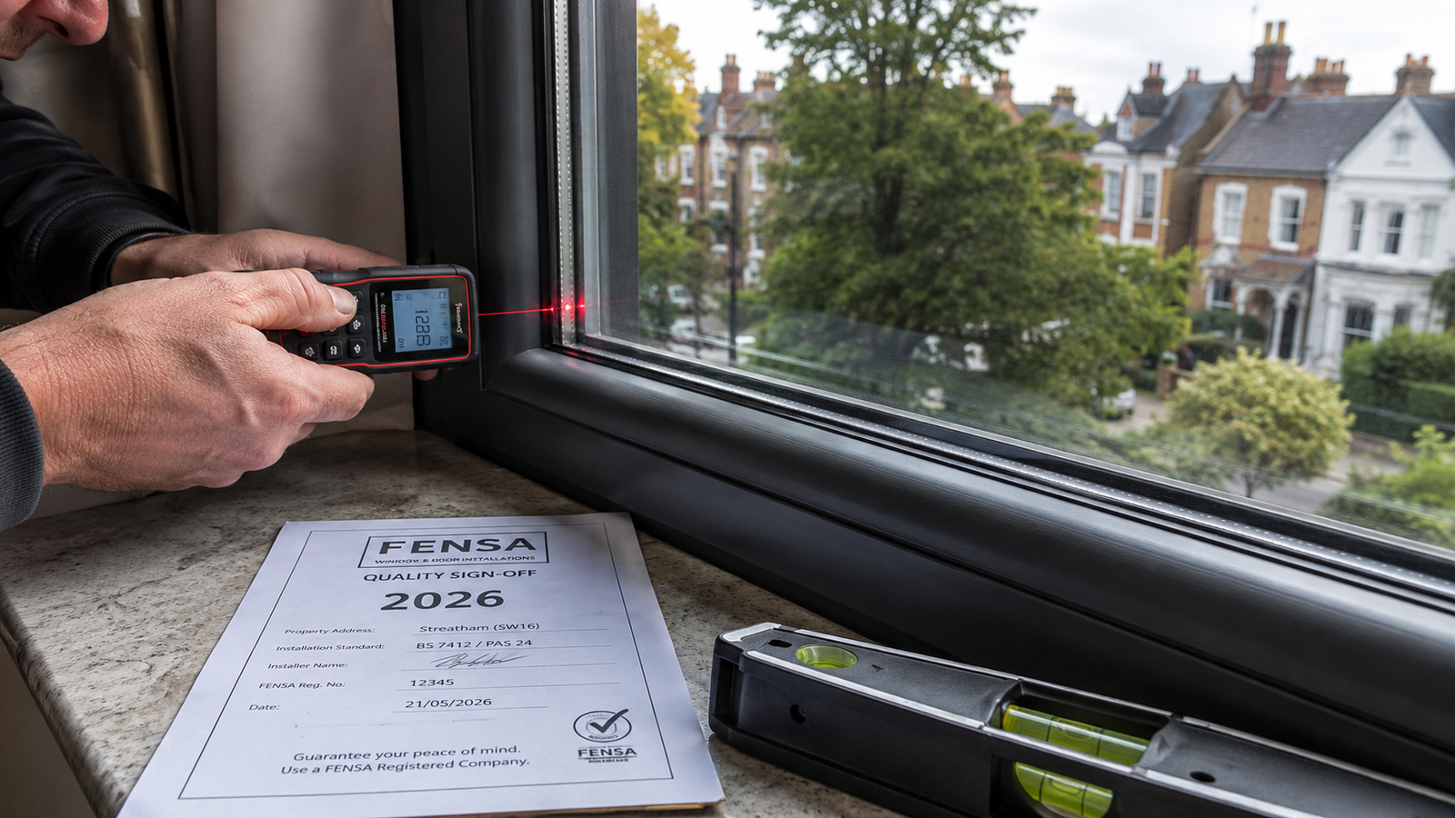 Laser measurement inspection on new double glazed windows fitted by Streatham Glazing Services in a Streatham SW16 property
