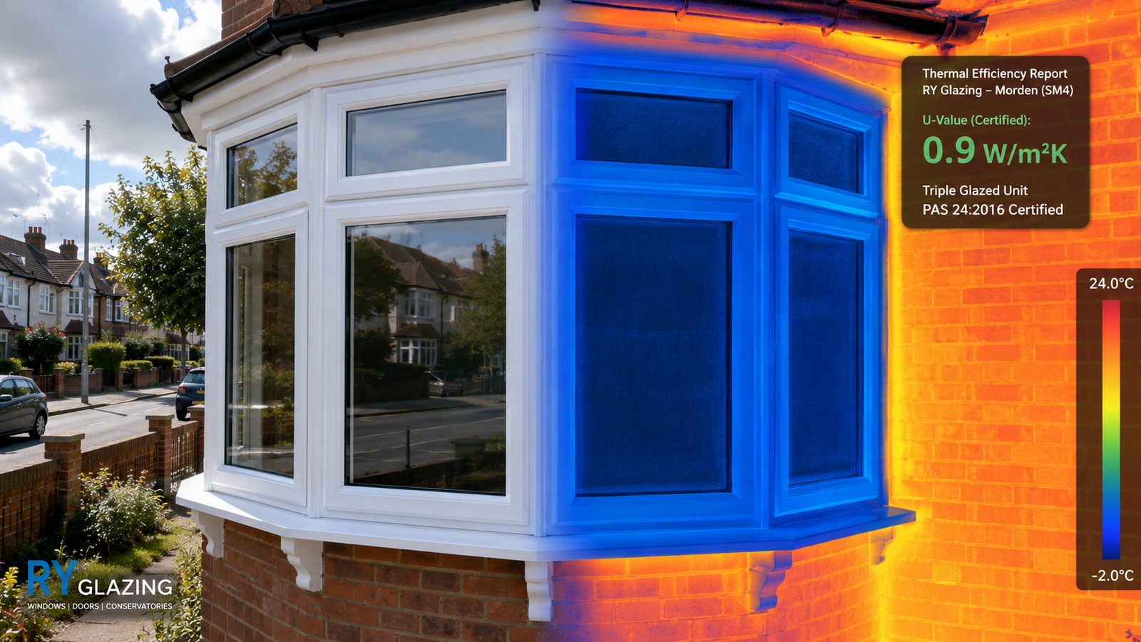 Photorealistic visual proof showing the high thermal performance of a newly installed Surrey Glazing Services triple glazed bay window in an SM property, with a certified U-Value of 0.9 W/m²K.