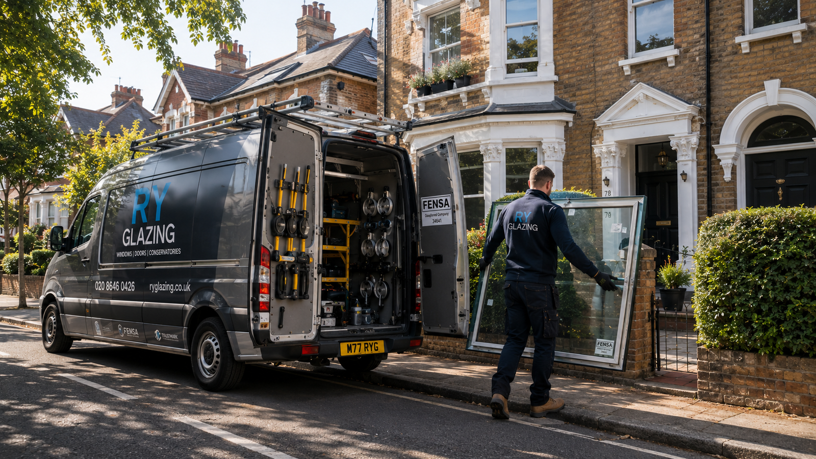 RY Glazing emergency response vehicle unloading double glazed window units for a Wimbledon SW19 home installation